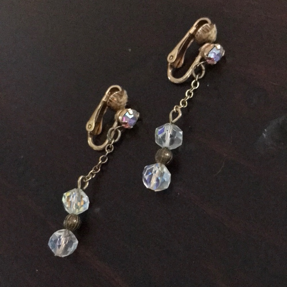 Vintage clip on iridescent glass bead earrings